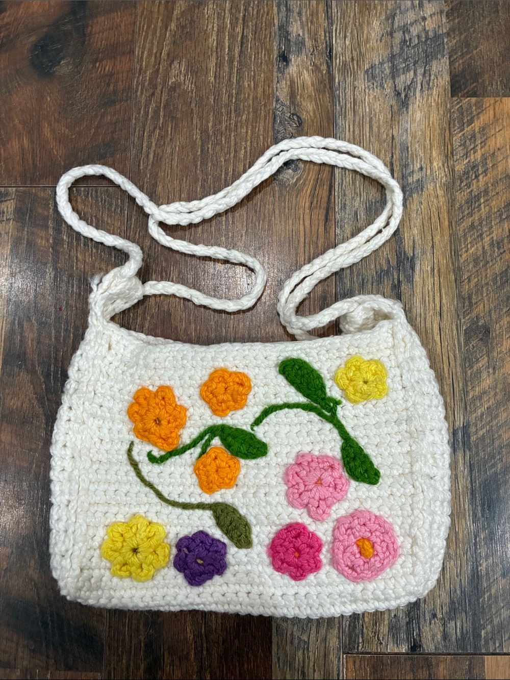 Handmade Crochet Floral Crossbody Bag - White with Multicolor Flowers